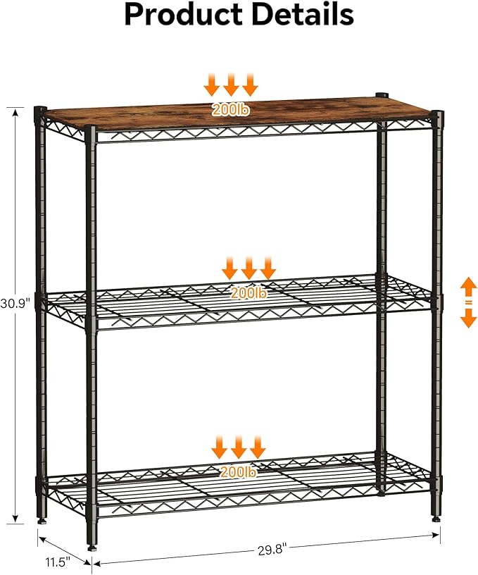Homeiju 3-Tier Storage Rack, 29.8" Wide Heavy Duty Metal Shelving Unit, Top Tier with Removable Wood Board, 200 lbs Capacity per Shelf, for Pantry, Bathroom, Garage, Entryway, Plant Stand