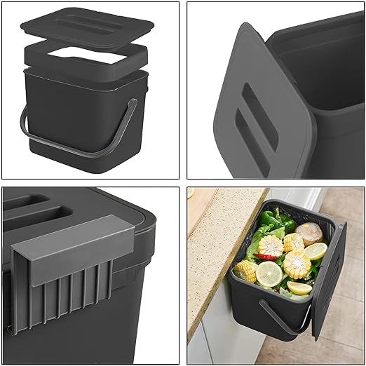 Kitchen Trash Can with Lid, LALASTAR Wall-Mounted Under Sink Small Garbage Can for Kitchen, Bathroom, Compost Bin Countertop, Cabinet Trash Can Hanging, 1.8 Gallon, (Black, 7L)