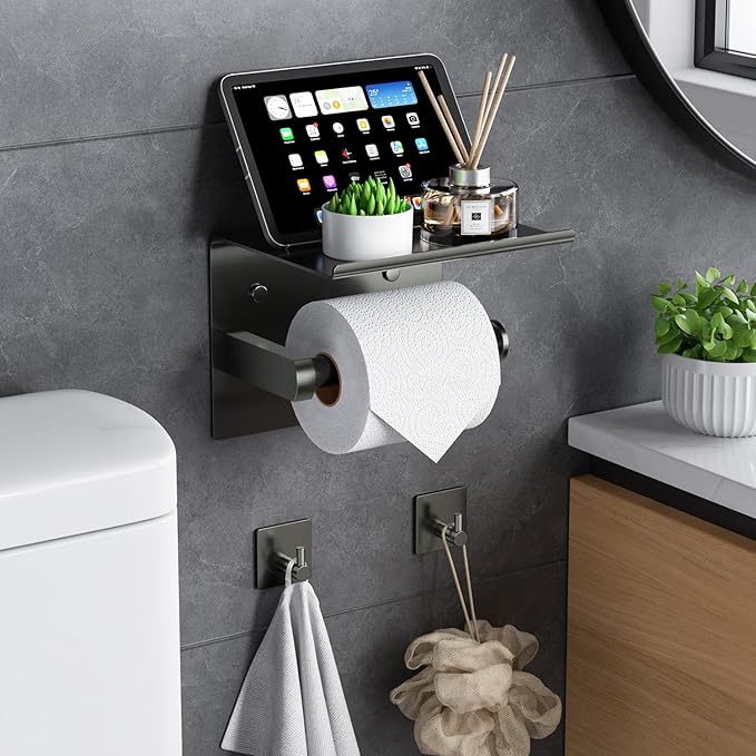 Tindbea Mega Size Toilet Paper Holder with Shelf + Towel Robe Hooks, Adhesive or Screw Wall Mounted Toilet Paper Roll Holder, Stainless Steel Bathroom Hardware Set (Polished Grey)