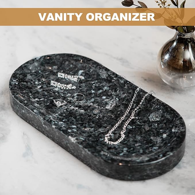 Koville Norwegian Natural Granite Bathroom Tray, 12"x6" Vanity Sink Tray for Kitchen, Decorative Tray, Bathroom Countertop Organizer for Perfume, Candles, Jewelry(Blue Pearl)