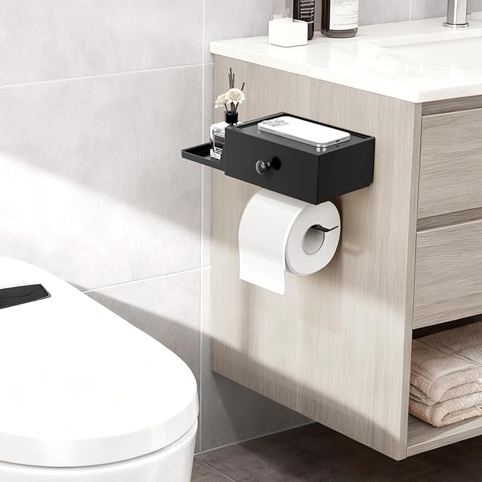 Lifewit Plastic Toilet Paper Holder with Shelf and Drawer, Screw or Adhesive Wall Mount Tissue Roll Storage, Sturdy Bathroom Wipes Dispenser Organizer, Black, 1 Pack