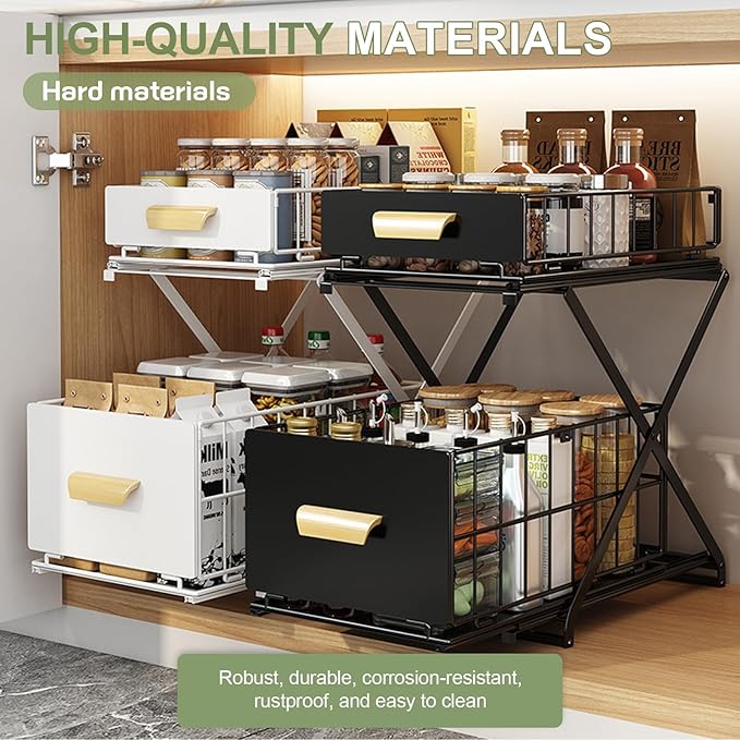 2 Tier Pull Out Pull out Cabinet Organizer with Adjustable Height, Under Sink Organizer, Slide out Pantry Shelves Drawer Storage for Kitchen Organization (Black, 2 Tier)