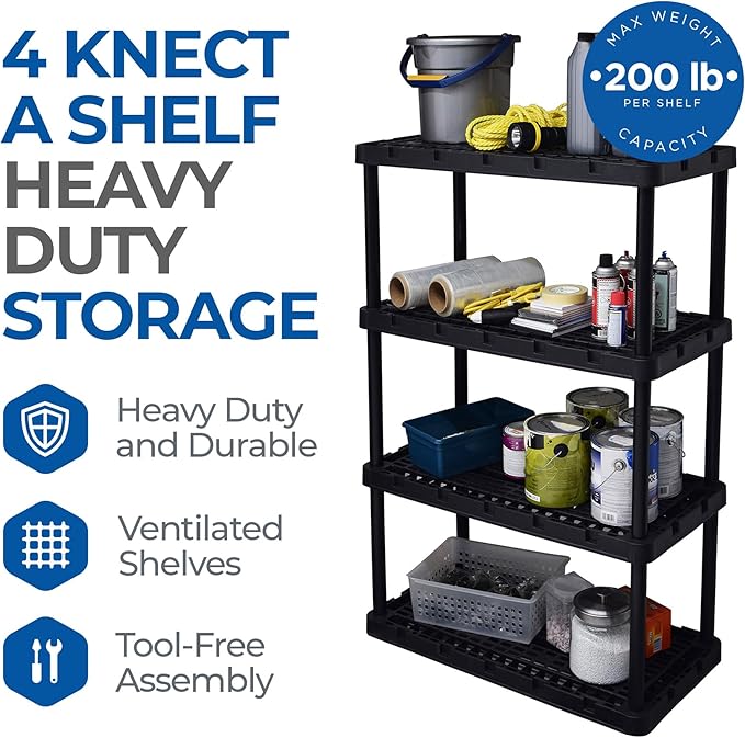 Gracious Living 4 Pack XL Heavy-Duty Storage Shelves, Knect-A-Shelf 4-Shelf Ventilated Storage Shelving Rack for Home Organization, Black