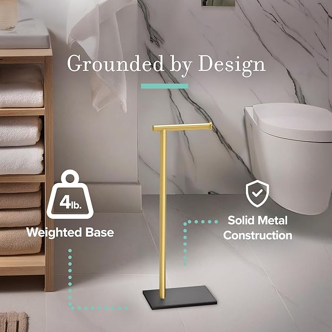 Gatco 1431MXB Modern Rectangle Base Freestanding Toilet Paper Holder, 21.25", Matte Black Brushed Brass, with Weighted Base
