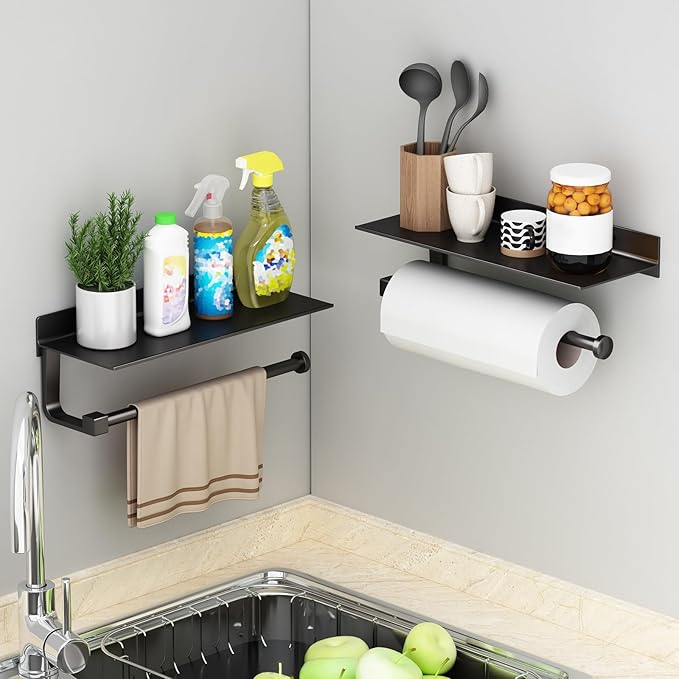 Danpoo Wall Mount Paper Towel Holder with Shelf for Bathroom/Kitchen, Adhesive Hand Towel Holder, Matte Black