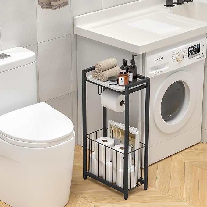 Freestanding Toilet Paper Holder with Storage Shelf – Bathroom Tissue Stand with Space for Phone, Tablet, and Magazines – All-in-One Toilet Roll Dispenser and Organizer