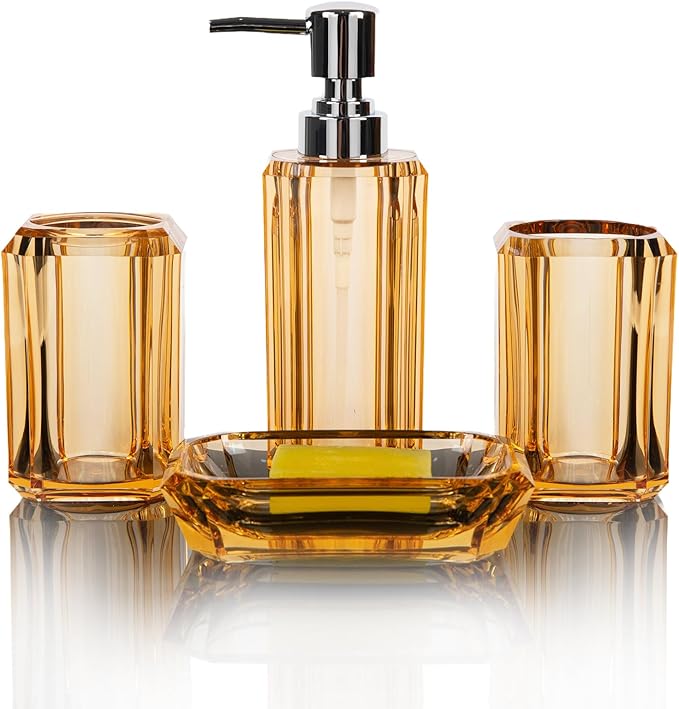 4-Piece Champagne Gold Bathroom Accessories Set with Soap Dispenser, Soap Dish, Tumbler & Toothbrush Holder, Glossy Acrylic with Champagne Accent, Vanity Bathroom Decor