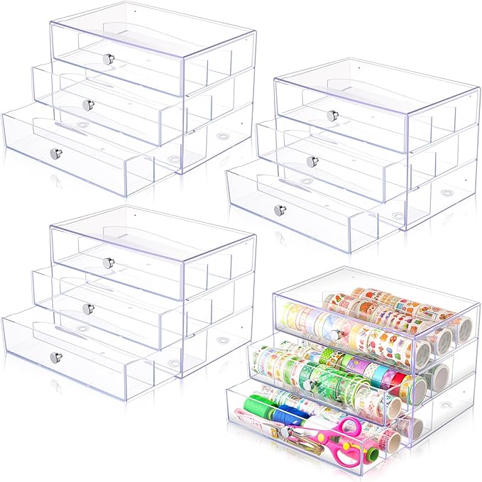 Wonderjune 4 Pack 3 Drawer Washi Tape Organizer Plastic Washi Tape Storage Cube Organizer Box 10 x 7 x 6.8 Large Capacity Clear Storage Drawer Holder for Art Craft Embellishments Jewelry Makeup