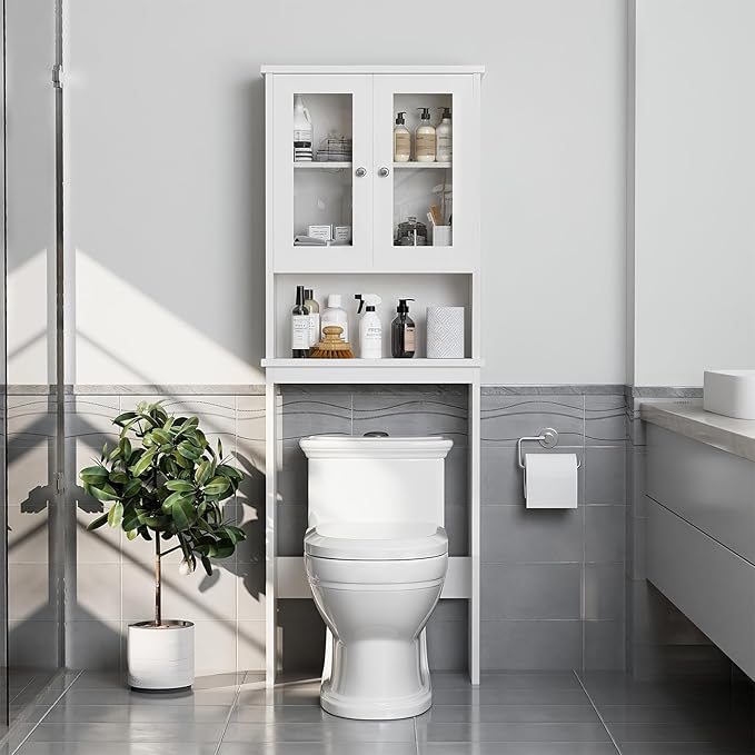 Over The Toilet Storage Cabinet for Bathroom, Storage Organizer Over Toilet, Space Saver with Tempered Glass Doors, White