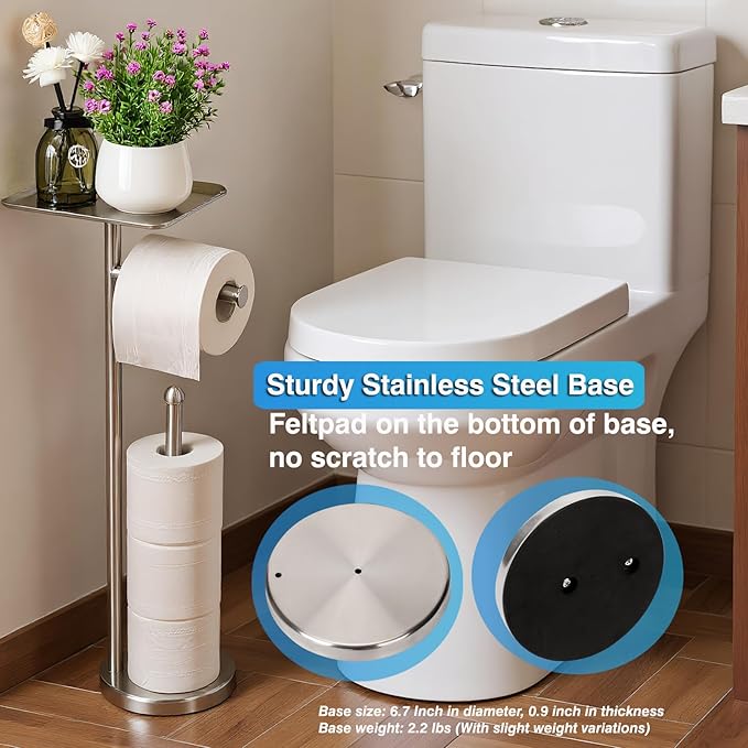 Toilet Paper Holder with Shelf, Freestanding Tissue Paper Stand with Storage Space for Extra 4 Toilet Paper Rolls (Stainless Steel Base, Brushed Nickel)