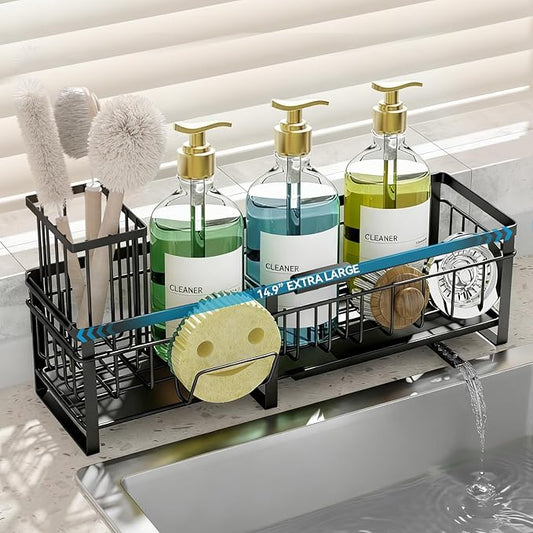 Aurblozen Extra Large Extendable Sponge Holder for Kitchen Sink, Rustproof Sink Caddy Organizer with High Brush Holder, Dish Soap Dispenser Organizers and Storage (Black)