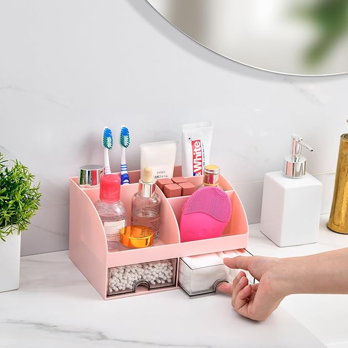 VITVITI Toothbrush Holders for Bathrooms Countertop, 5 Slots Toothpaste Bathroom Counter Sink Organizer with Drawers, Plastic Bathroom Organizer for Vanity/Makeup/Office Pink