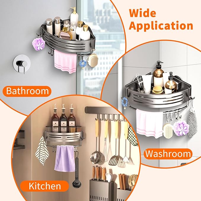 Corner Shower Caddy Suction Cup, Shower Shelves Organizer for Bathroom Storage, Aluminum No-Drilling Removable Rustproof Shower Shelf Rack with Towel Bar & Hooks (Gray)