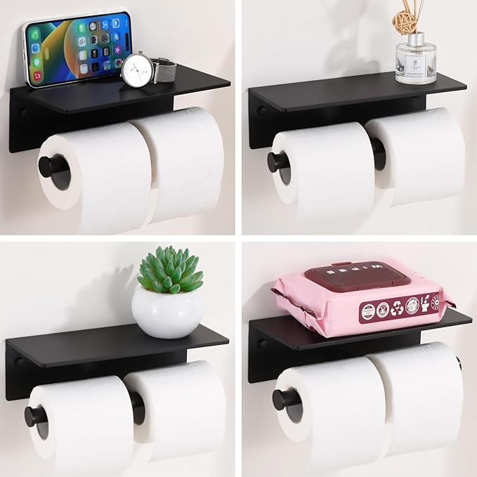 Toilet Paper Holder - Double Rolls Toilet Tissue Holder with Phone Shelf for Bathroom - TP Roll Holder with Wipes Storage, Wall Mounted by Adhesive Pad No Drilling or Screw - Matte Black