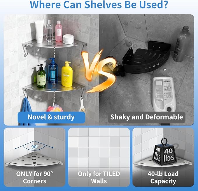 2 Pack Corner Shower Shelves, 304 Stainless Steel Corner Shelf Bathroom with 6 Hooks 40 lbs Heavy Duty, Durable for Inside Shower Brushed Nickel Drilling Installation (Silver)