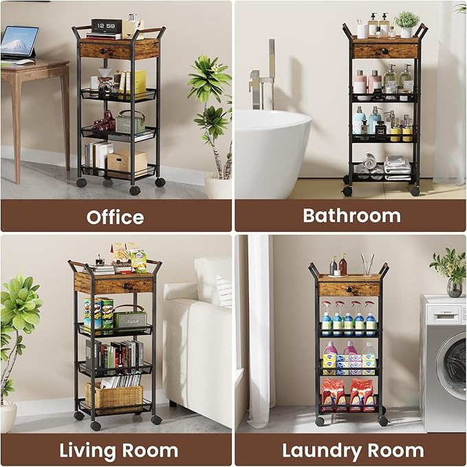 Asgolion Large Fruit Vegetable Storage Cart, 5-Tier Kitchen Rolling Cart with Wheels & Drawer, Metal Wire Storage Basket Organizer Baskets for Kitchen, Pantry, Bathroom