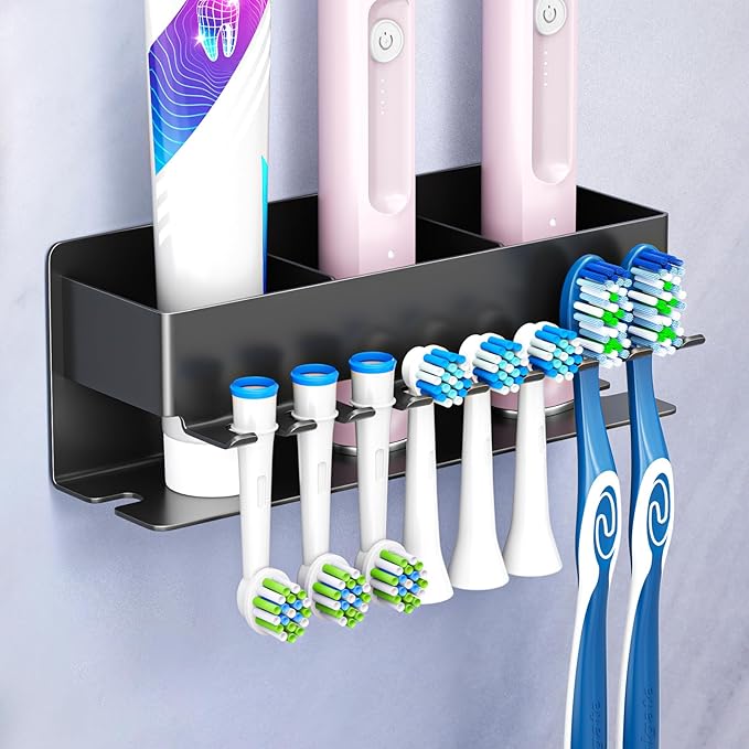 Toothbrush Head Holders, Electric Tooth Brush Head Holder, Adhesive Toothpaste Holder for Shower Bathrooms, Wall Mounted Tooth Brushing Holder Organizer Storage (Black, Large)