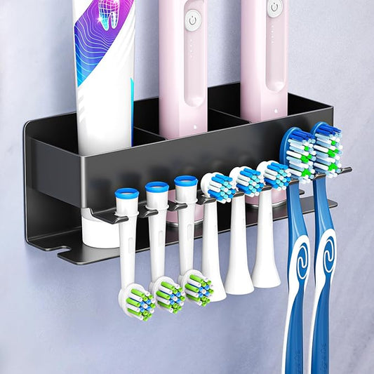 Toothbrush Head Holders, Electric Tooth Brush Head Holder, Adhesive Toothpaste Holder for Shower Bathrooms, Wall Mounted Tooth Brushing Holder Organizer Storage (Black, Large)
