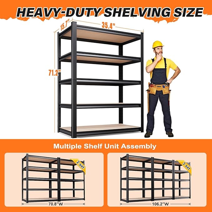 71''H 35.4''W Storage Shelves,2500LBS Garage Shelving ,Adjustable Garage Shelves ,Heavy Duty Metal Shelving, 5 Tier Wood Utility Steel Shelf, Shelving Units and Storage Rack fo Kitchen Pantry 3 Pack