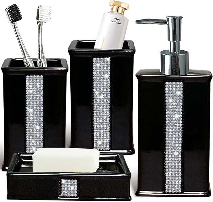 Bath Accessories Sets for Bathroom,Black Bathroom soap Dispenser Set,Ceramic Liquid Dispenser Pump, 2 Tumbler Cup,Soap Dish-Bathroom Home Decor Clearance (12 Ounce Black)
