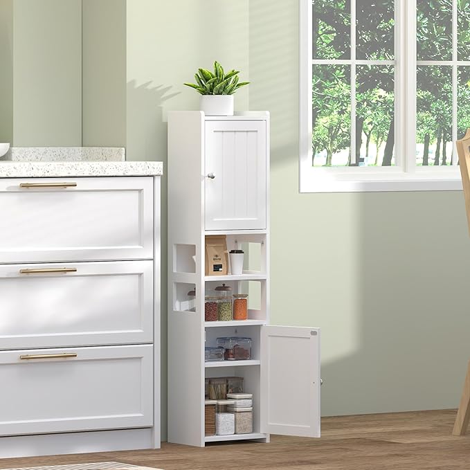 TidyHaven 39" H Small Bathroom Storage Cabinet, Narrow Bathroom Corner Floor Cabinet with Doors, Adjustable Shelf, Open-Side, Slim Toilet Paper Storage Holder for Bathroom, Small Spaces, Living Room