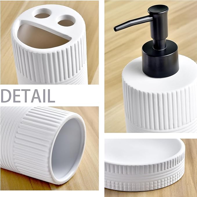 Bathroom Accessories Set of 4, Ceramic Bathroom Sets Complete-Toothbrush Holders, Soap Dispenser, Soap Dish, Toothbrush Cup, Modern Farmhouse Bathroom Decor, Bathroom Organizer for Countertop