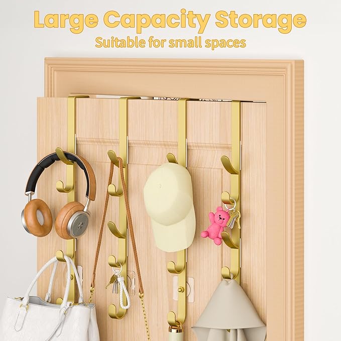 Kaiferty Over The Door Hooks, Metal Door Hooks for Hanging, Over The Door Purse Organizer for Door Coat Hanger, Back of Shower for Hanging Towel Rack Clothes, Hat, Bathroom, Closet (Gold-4Packs)