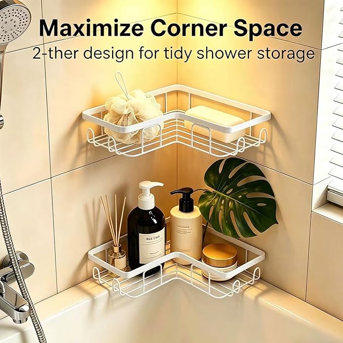 Shower Caddy 2 Pack, No Drilling Adhesive Bathroom Organizer Shelf Rack, Corner Shower Shelf with Hooks for Home Decor & Storage (White)