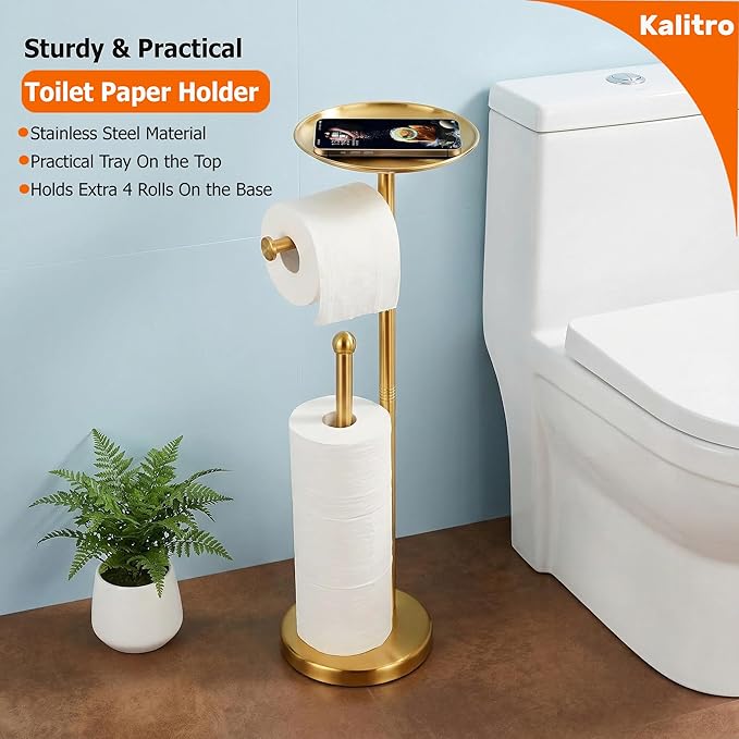 Kalitro Toilet Paper Holder Freestanding with Big Shelf, 4 Rolls Reserve Paper Holder Stand, Modern Paper Roll Holder with Storage Space for Phones (Gold)