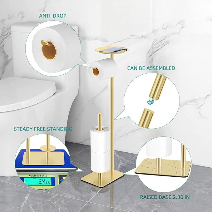 FEILERN Toilet Paper Holder Stand for Bathroom Floor Standing Toilet Roll Dispenser Storages 4 Reserve Rolls, with Top Storage Shelf for Cell Phones, Wipe, Wallet and More(Gold)