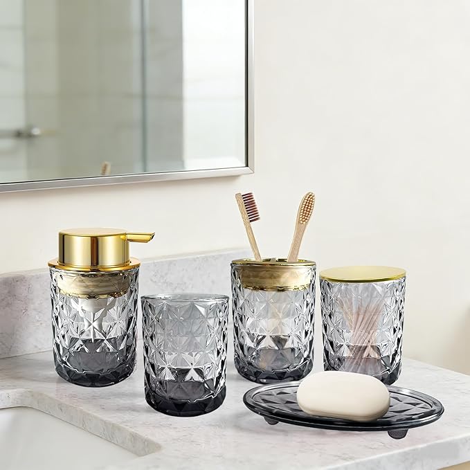 5PCS Bathroom Accessory Set,Black Bathroom Countertop Organizer Set with Soap Dispenser, Toothbrush Holder, Tumbler, Q-tip Holder & Soap Dish,Elegant Functional Glass Set, Gift for Home & Apartment