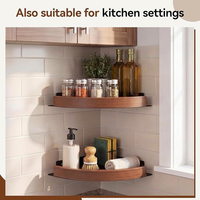 Novabright 2 Pcs Corner Shower Shelf Walnut Wood Metal Corner Shower Caddy No Drill Adhesive Rustproof Triangular Bathroom Shelf Organizer for Home Bathroom
