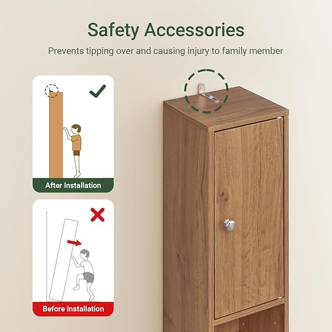 Haotian Bathroom Narrow Storage Cabinet Skinny Tall Unit with Adjustable Shelves Slender Anti-Tipping Floor Standing Cupboard, Natural BZR34-PF