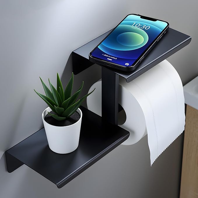 Adhesive Toilet Paper Holder with Double Shelf, No Drilling Wall Mount Toilet Tissue Roll Holder, Rustproof & 304 Stainless Steel Bathroom Storage Dispenser