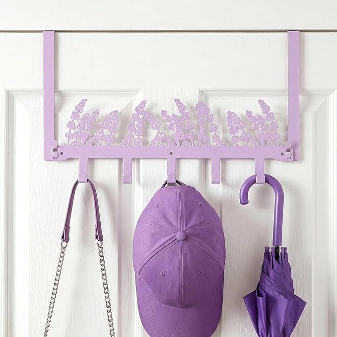 AceOrbit Purple Lavender Flower Over The Door Hooks Wall Mount Towel Hanger Cute Door Holder Rack with 5 Hooks Hanging Towel, Coat Keys, Bags, Clothes for Bedroom Bathroom Kitchen Dorm Room Organizer