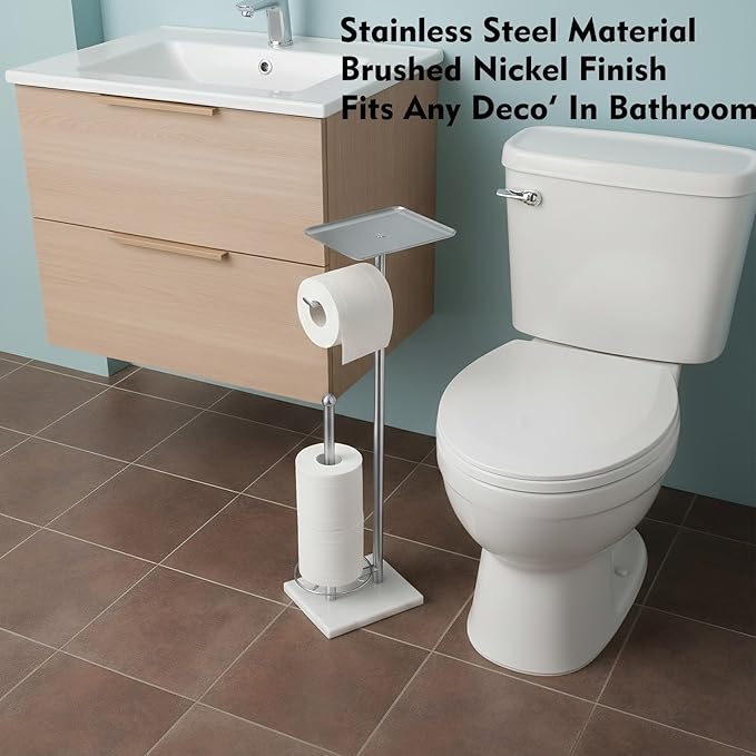 Toilet Paper Holder with Shelf, Free Standing Toilet Paper Holder with Storage - Toilet Paper Stand for Holding Extra 3 Rolls, Tissue Holder for Bathroom (Brushed Nickel with Marble Base)