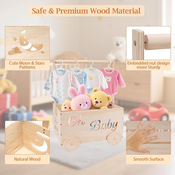 Wooden Baby Shower Crate Closet, Baby Shower Gifts Basket for Newborn Boys Girls, Personalized Babyshower Crate Box with Handle & Wheels, Pregnancy Gifts Xmas Present for New Mom Parents