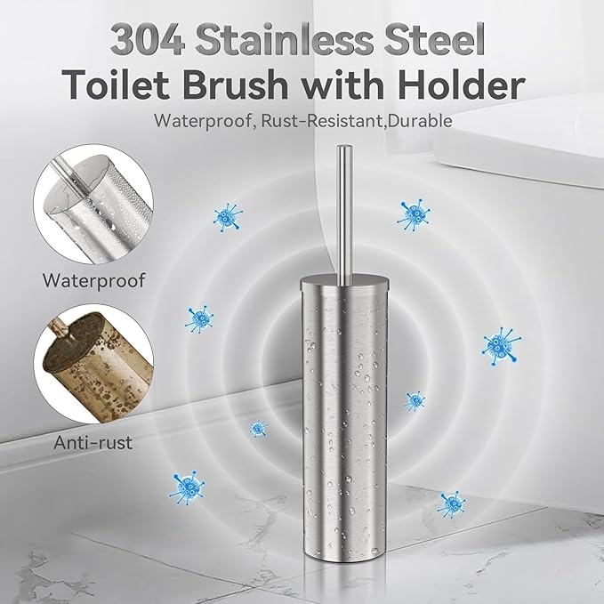 DOWRY Stainless Steel Toilet Bowl Brush and Holder for Bathroom, Deep Cleaning Toilet Brush and Holder Set with Long Handle, Hidden Toilet Bowl Brush with 2 Heads,Modern Decor Nickel Round 2PCS