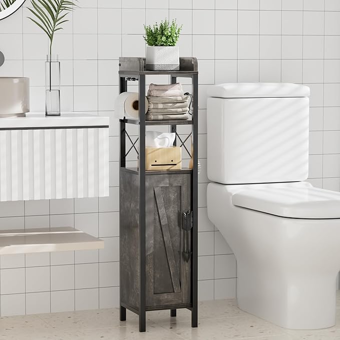 VECELO Small Bathroom Storage Cabinet, Slim Toilet Paper Holder with Shelves & Metal Racks, Organizer Cabinet for Narrow Spaces, Iron Gray, Farmhouse Style