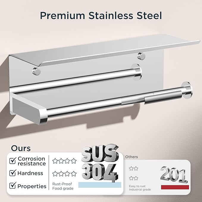 FORIOUS Paper Towel Holder with Shelf, SUS304 Stainless Steel Paper Towel Holder with Storage Shelf, Wall Mount Screw Paper Roll Organizer Commercial Paper Hand Towel Dispensers, Chrome