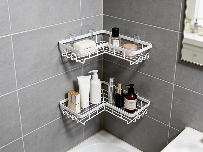 Shower Caddy 2 Pack, No Drilling Adhesive Bathroom Organizer Shelf Rack, Corner Shower Shelf with Hooks for Home Decor & Storage (White)
