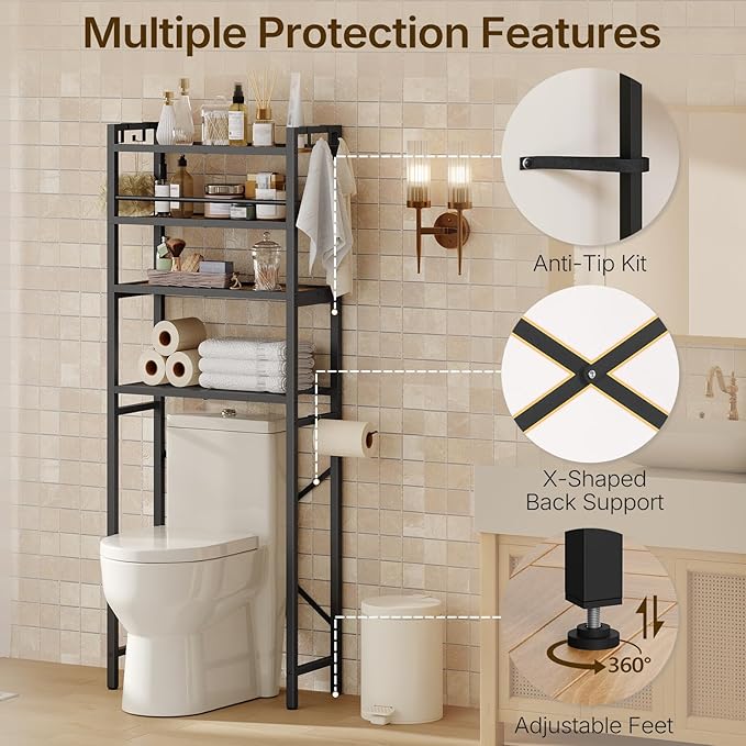 YATINEY Over The Toilet Storage Rack, 4-Tier Freestanding Bathroom Organizer Above Toilet, Toilet Shelf with Detachable Upper Shelves, X-Shaped Back Support, Rustic Brown and Black TR05BR