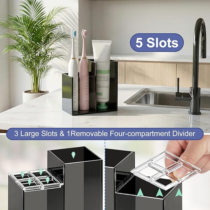 Acrylic Toothbrush Holders for Bathroom, 5 Slots Toothbrush and Toothpaste Storage Organizer Holder, Home Decor for Bathroom Accessories Organizer - Black