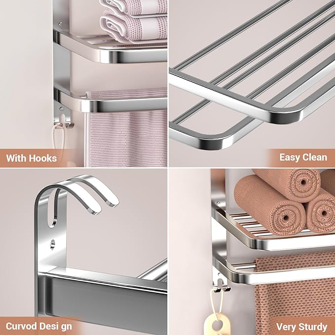 23 Inches 3-Tier Towel Racks for Bathroom with Towel Bars Multilayer Hotel Towel Shelf Stainless Steel Wall-Mounted Brushed Finish Holder with Towel Shelves
