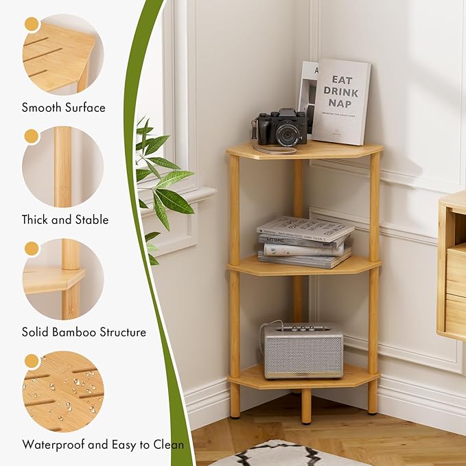3 Tier Bamboo Corner Shelf, Storage Stand with Adjustable Feet, Small Space Corner Bookcase, Outdoor Plant Stand, Space-Saving Organizer for Bathroom Kitchen Living Room