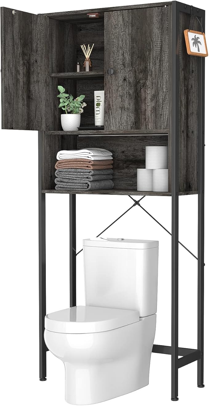 Ecoprsio Over-The-Toilet Storage Cabinet Rack, Bathroom Organizer Shelf Over Toilet, Freestanding Space Saver Toilet Stands with 2 Hooks, Gray Brown