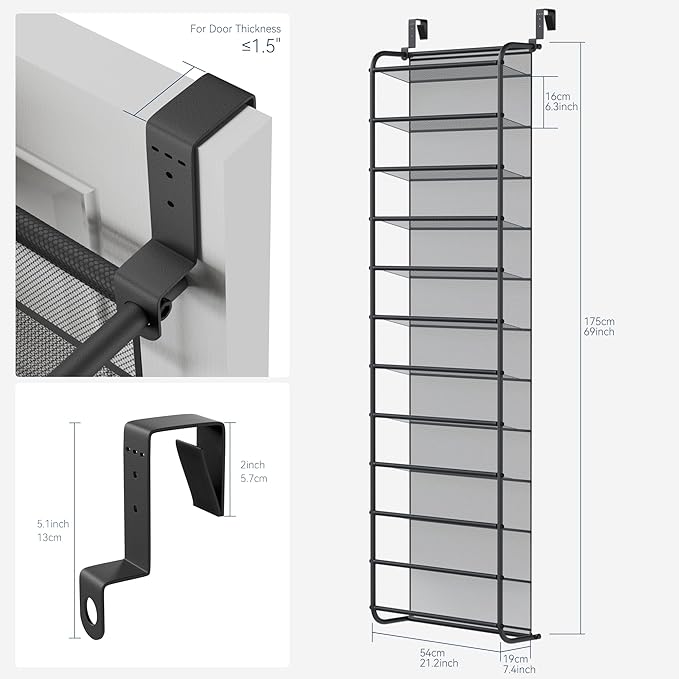 Whitmor 36 Pair Over The Door Shoe Organizer, 12 Tier Hanging Shoe Organizer, Heavy Duty Metal & Mesh Shoe Holder, Hanging Shoe Rack for Closet Organizer, 74" L x 21.7" W x 7.5" H, Matt Gunmetal