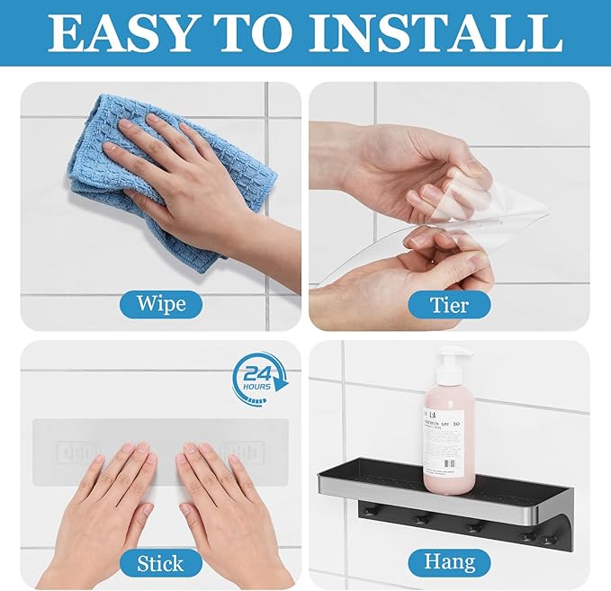 Shower Caddy Adhesive, Shower Shelves for Inside Shower with Hooks,No Drill Bathroom Organizers and Storage Hanging, Rustproof Shower Organize Rack, Silver