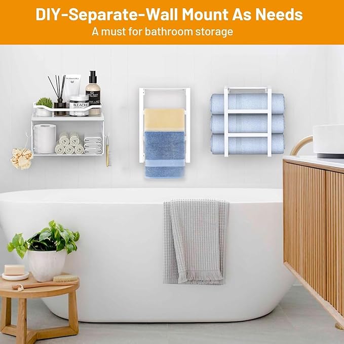 Towel Racks for Bathroom Wall Mounted, 4 tire Bath Towel Storage - with 2 Pack Towel Shelf and Floating Shelves Over Toilet, Rolled Towel Holder Shelf Organizer, Sturdy Metal & Wood, 34inch, White