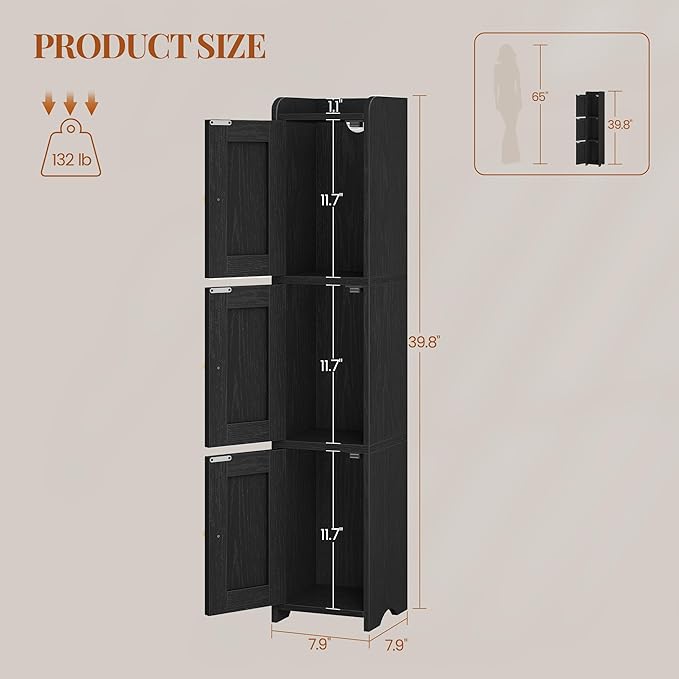 HEXCELEN Slim Bathroom Storage Cabinet, Narrow Cabinet with 3 Doors, Small Bathroom Organizers and Storage, Laundry Room Organization for Small Space, Kitchen, Living Room, Black 022304X
